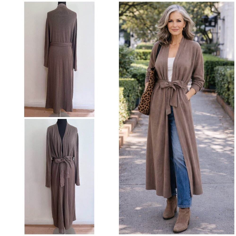 VGUC Lane Crawford Silk & Cashmere Warm Taupe Mushroom Belted Longline Cardigan